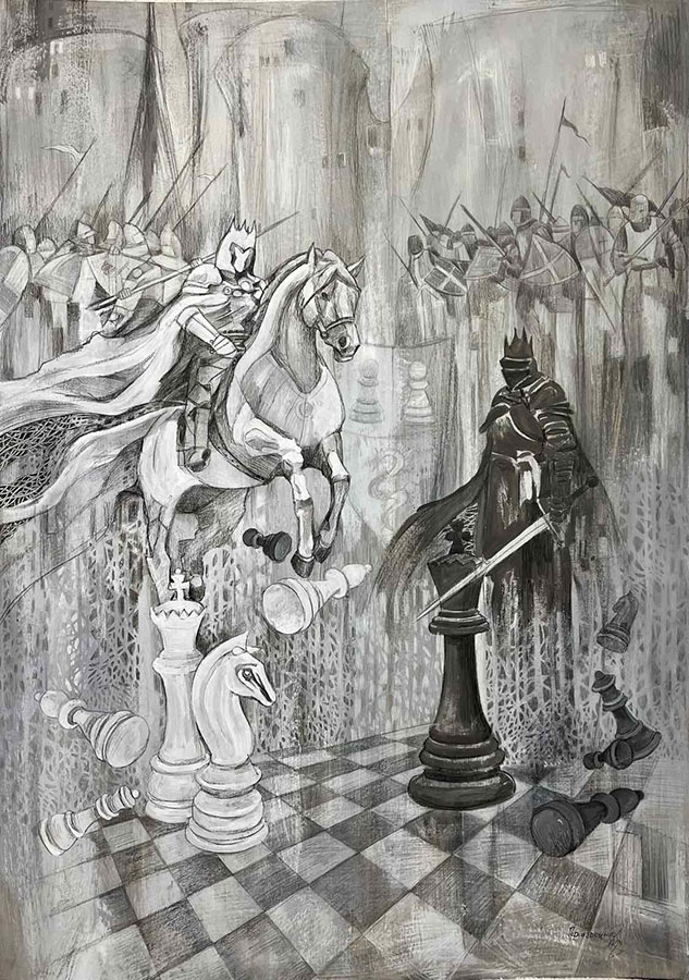 Художник Татьяна Гершгорина. Ничья. 2025 год. Картон, гуашь, карандаш, гель