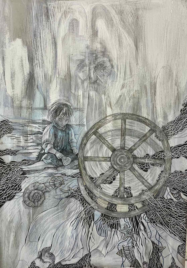 Художник Татьяна Гершгорина. Ускользающее время. 2025 год. Картон, гуашь, карандаш, гель